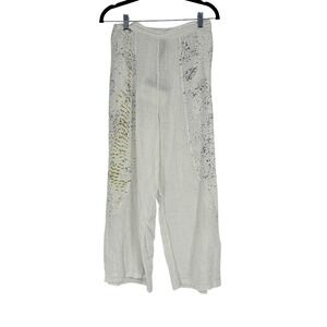 Inizio Italian Linen Wide Leg Pants Chartreuse Dots Print White Size M Lagenlook